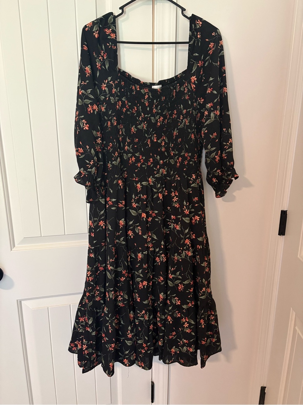 Baltic Born Black Floral Smocked Midi Dress with Puff Sleeves